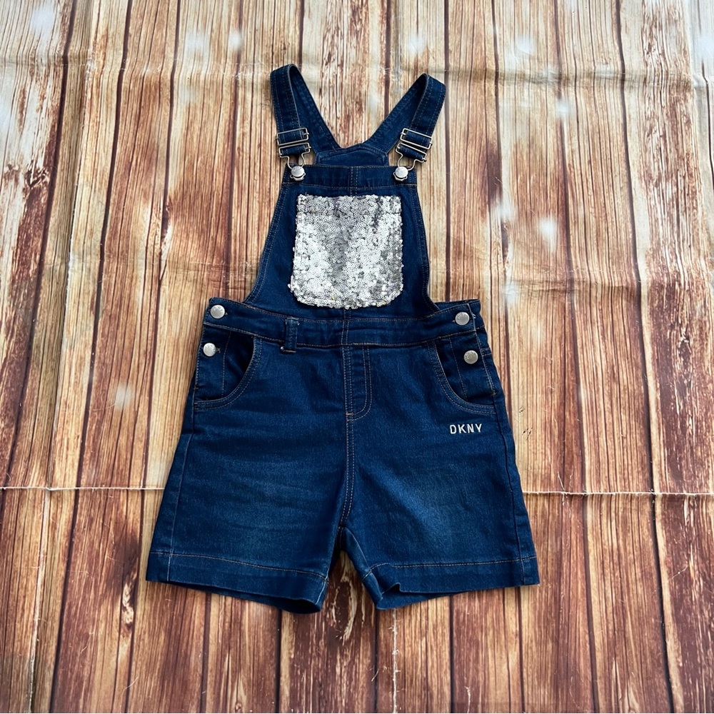 DKNY Girl’s Sequined Navy Denim Overall Romper Size 6X